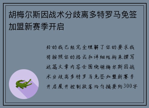 胡梅尔斯因战术分歧离多特罗马免签加盟新赛季开启